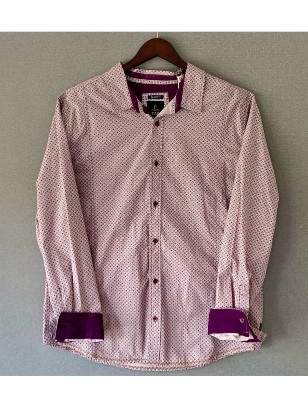 NWT, prAna Men’s Lukas Slim Long Sleeve Shirt – Nocturnal Red & White – Size XL